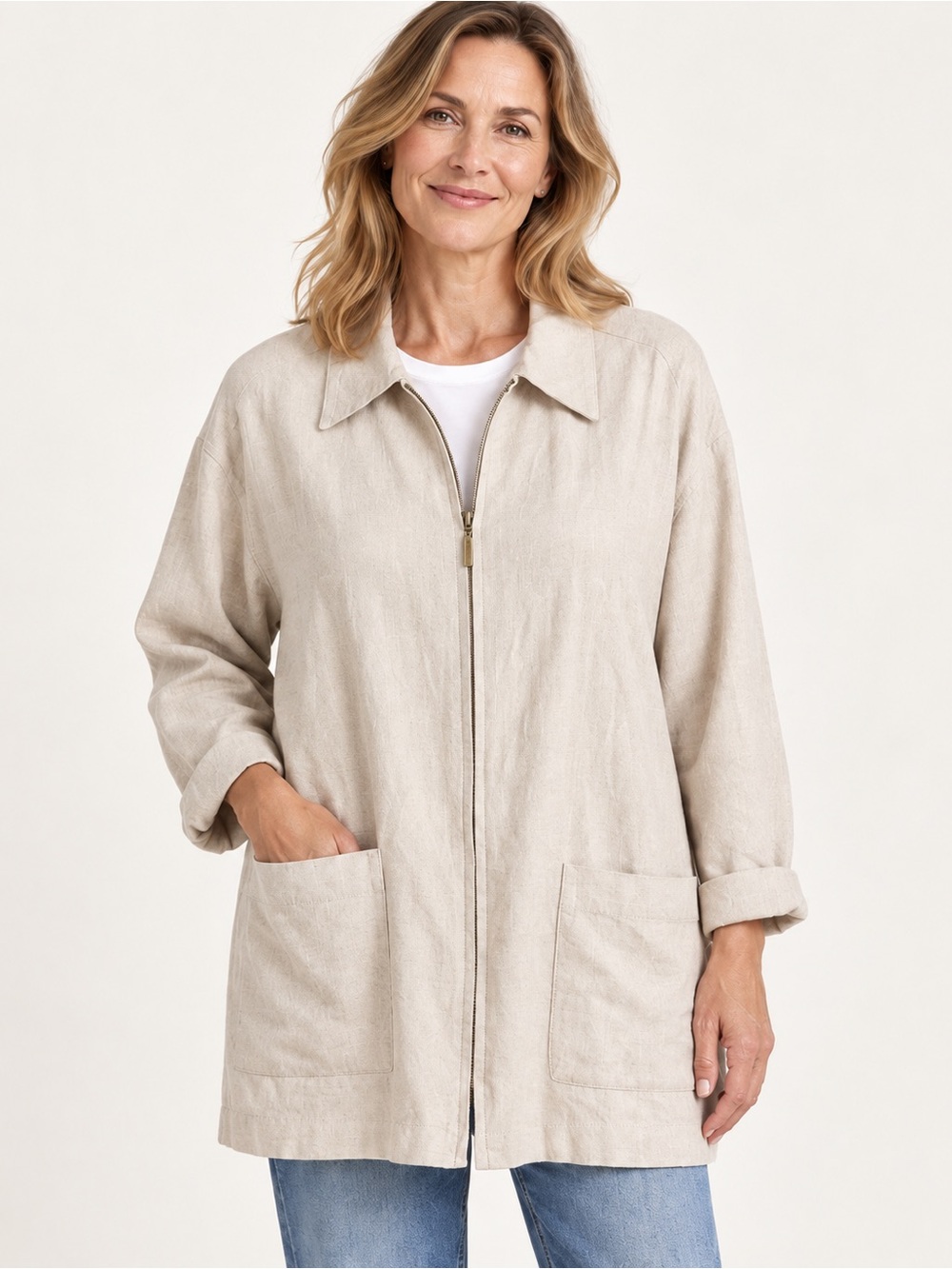 🍁Vintage Lizsport Linen Cotton Full-Zip Chore Coat Jacket Blazer L